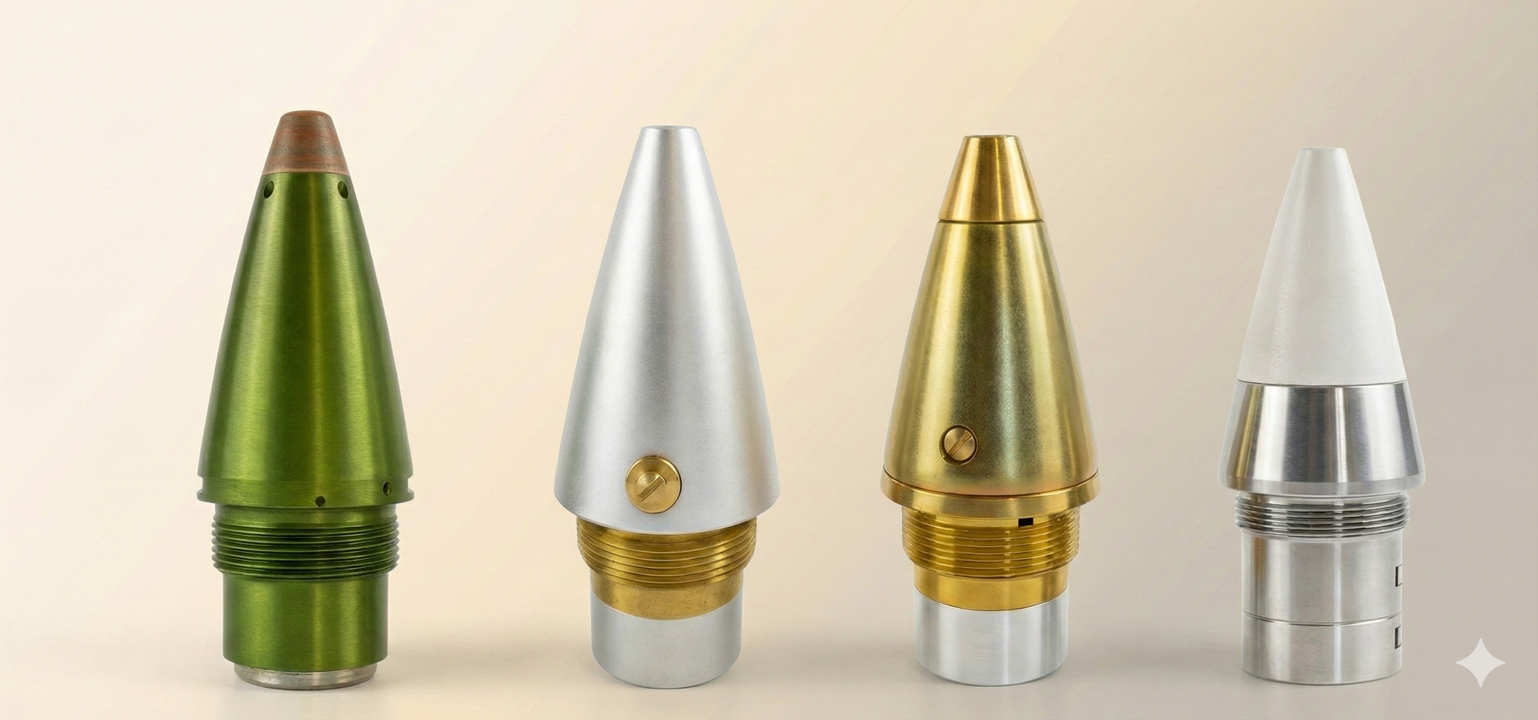 Fuze assemblies in anodised, aluminium, and brass finishes